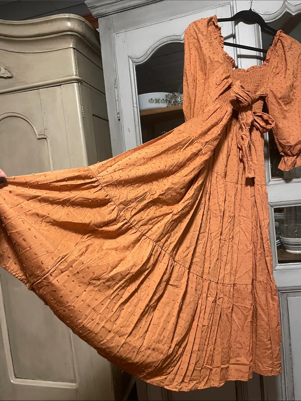 Smocked Square-Neck Midi Dress in Rust - Picture 4 of 5